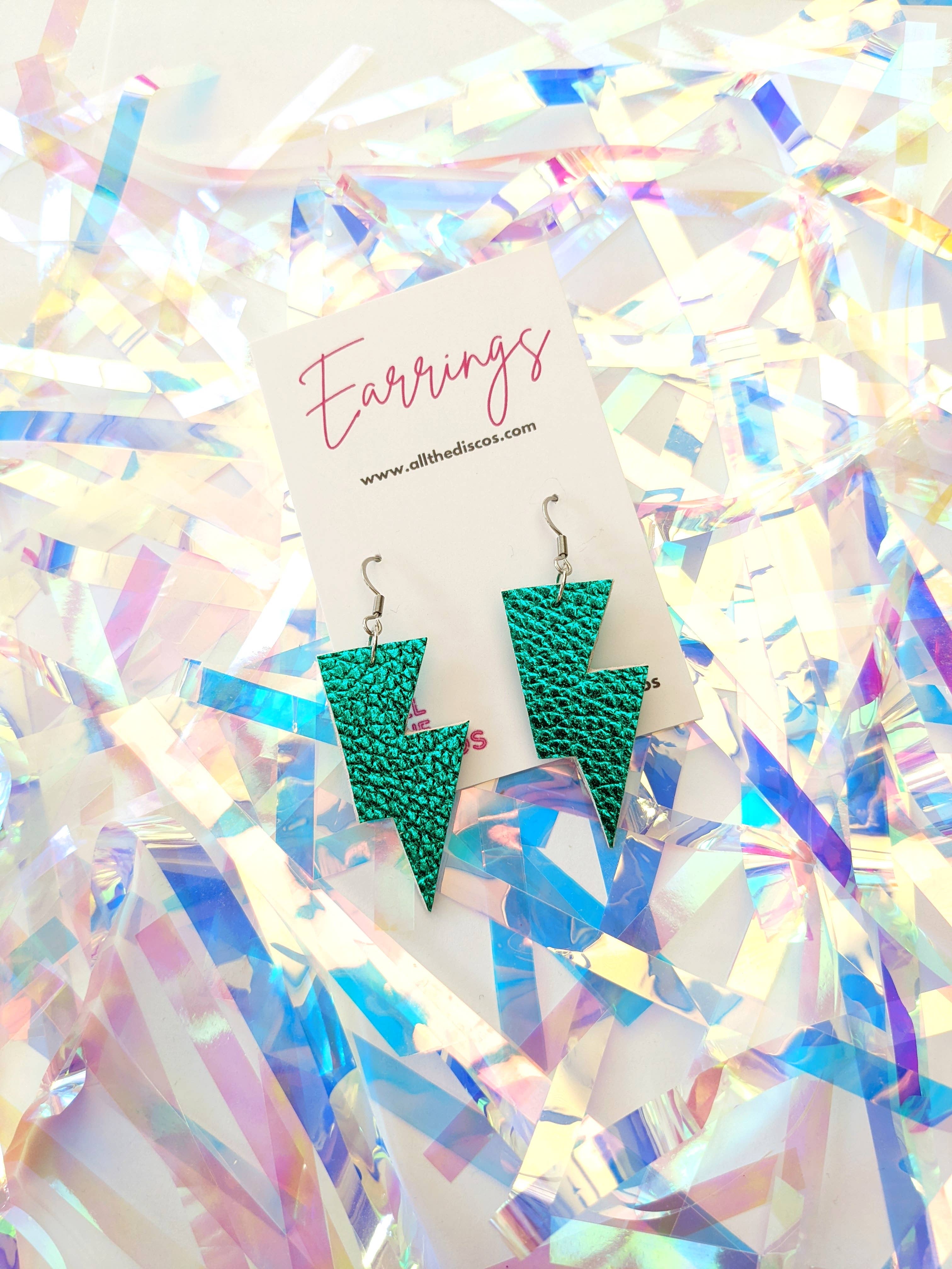 All The Discos - Wholesale Dangle Earrings - Small Teal Green Metallic Lightning Bolt Dangle Earrings2