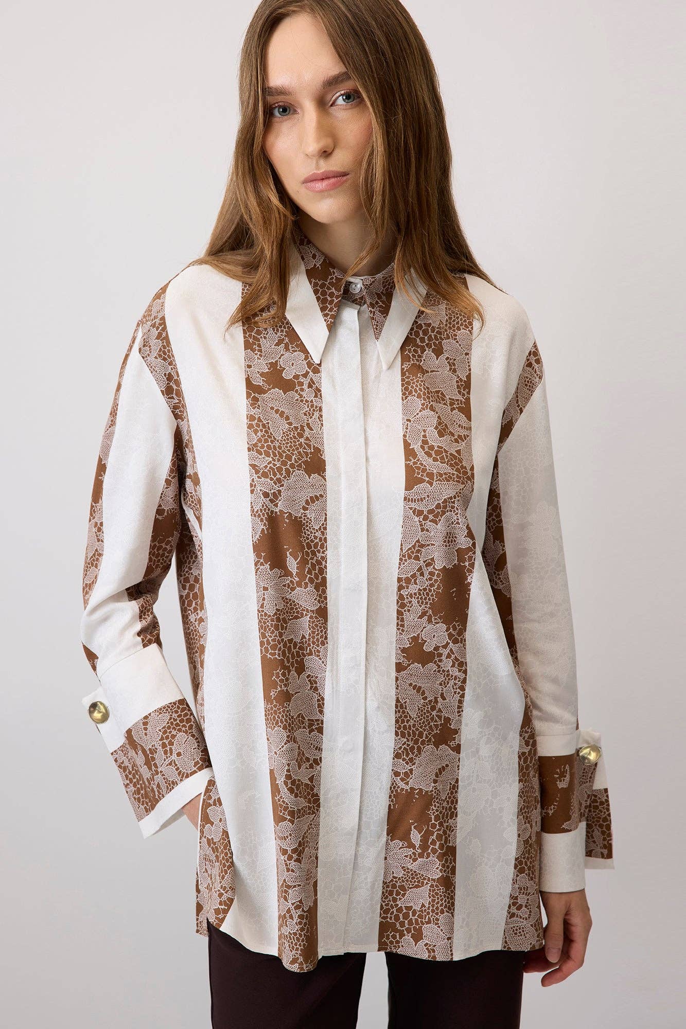 Beige LACE PATTERN BHIRT WITH WIDE CUFFS for wholesale on Faire2
