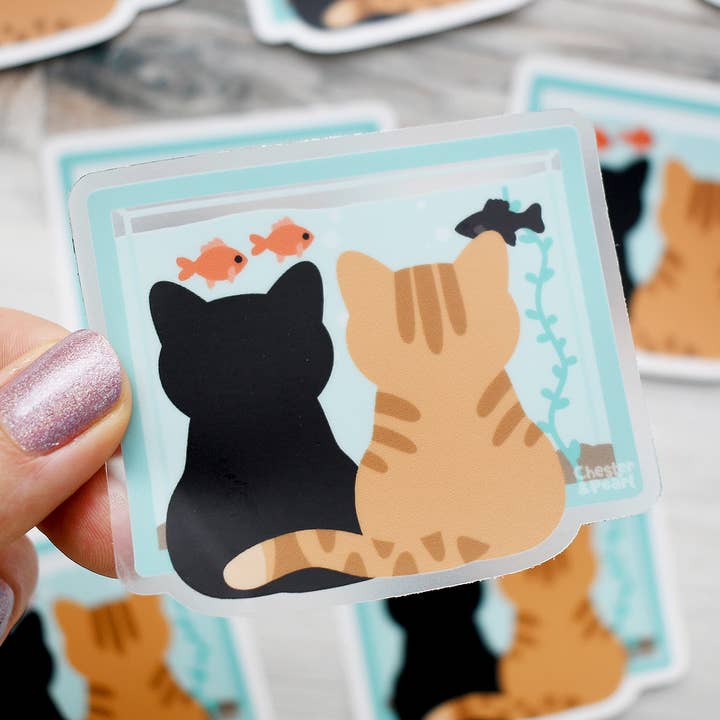 Black and Orange Tabby Cats 3-in. Clear Vinyl Sticker for wholesale by Chester and Pearl