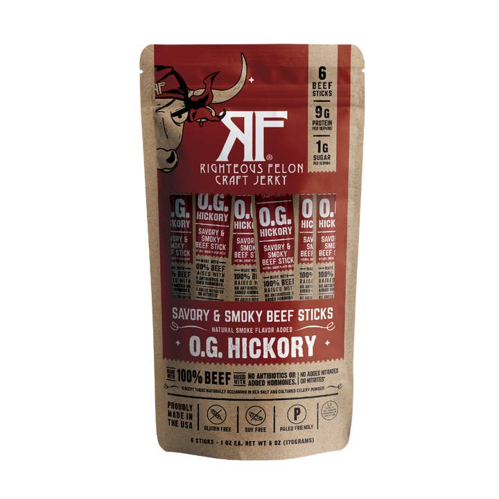 6ct Pouch RF O.G. Hickory Beef Stick 1oz (8ct) for wholesale by Righteous Felon Craft Jerky