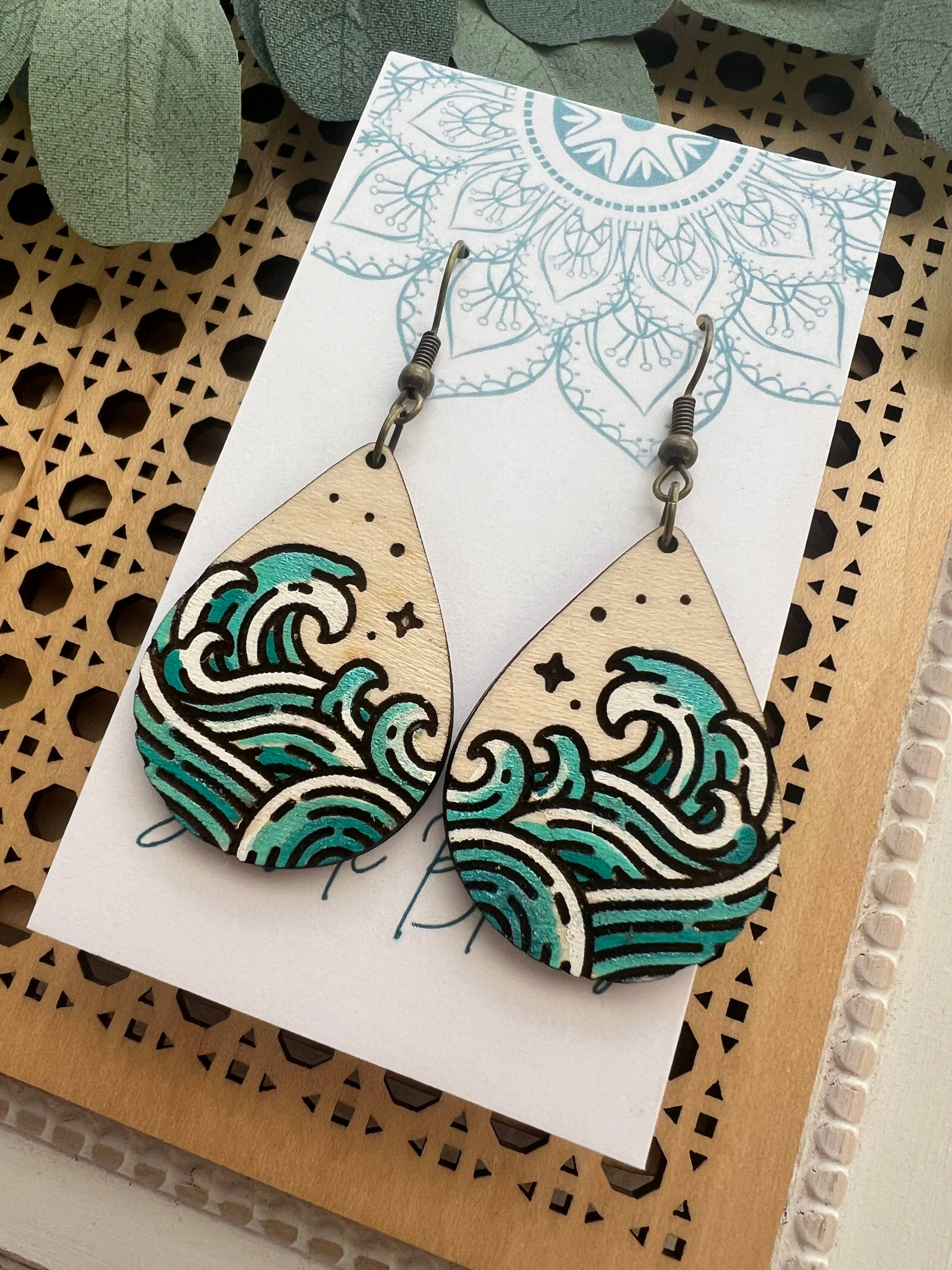 Seasideblooms - Wholesale Dangle Earrings - Beach waves ocean hand painted lightweight wood 3