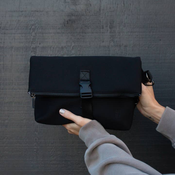 Foldover Bag in Black Neoprene for wholesale by Rad Revolution