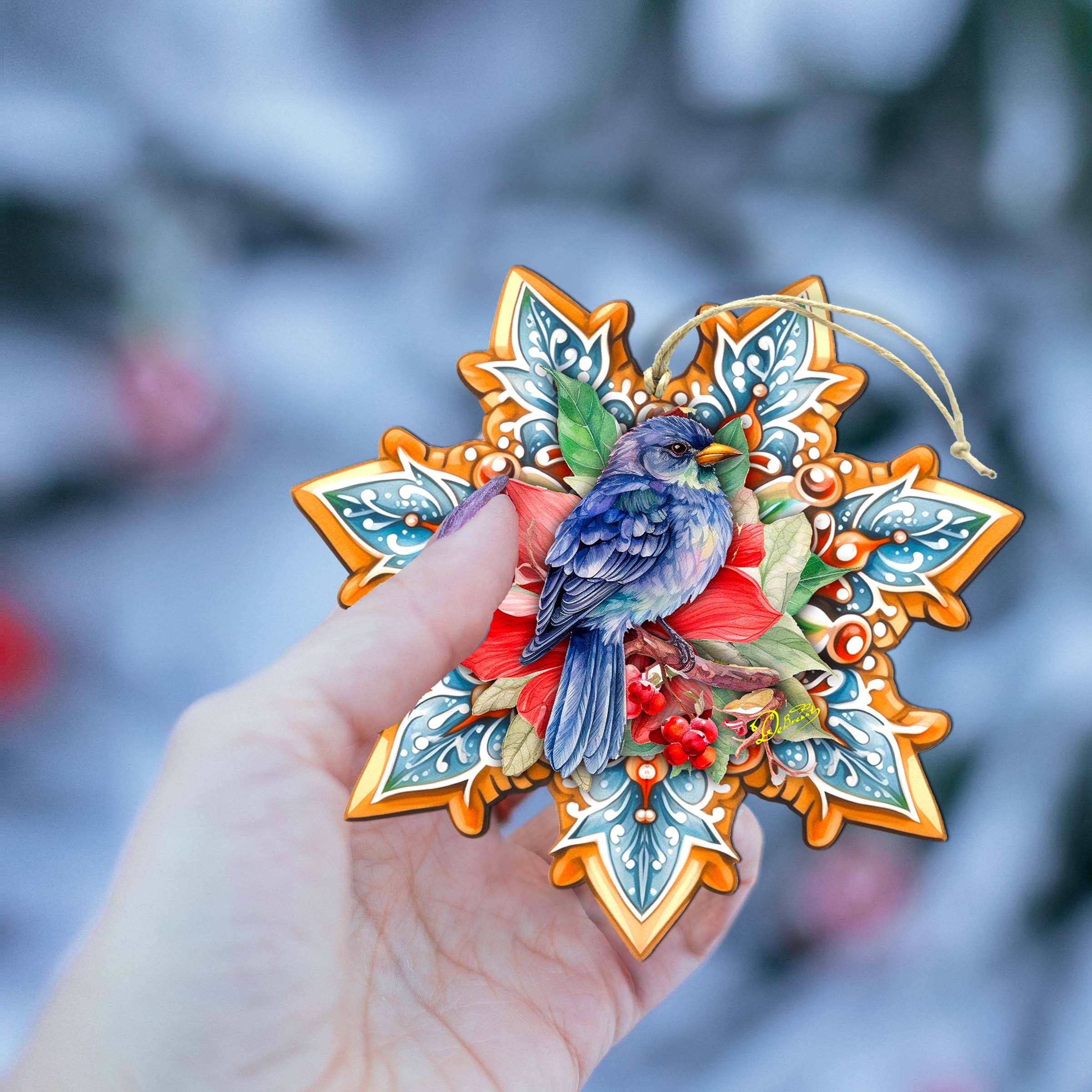 Designocracy - Wholesale Ornament - Blue Bird Snowflake Wood Ornaments GDebrekht Nature Wildlife4