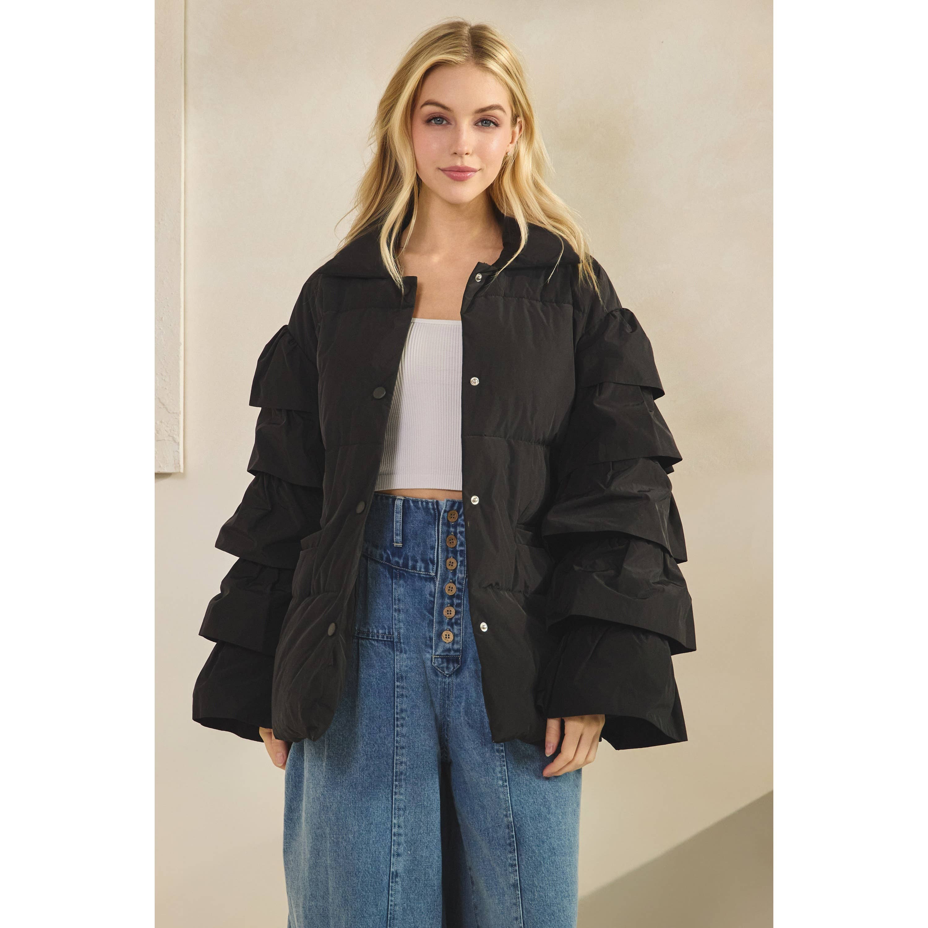 Veveret - Wholesale Jacket - Women's - Tiered Ruffle Long Sleeve Padded Jacket13
