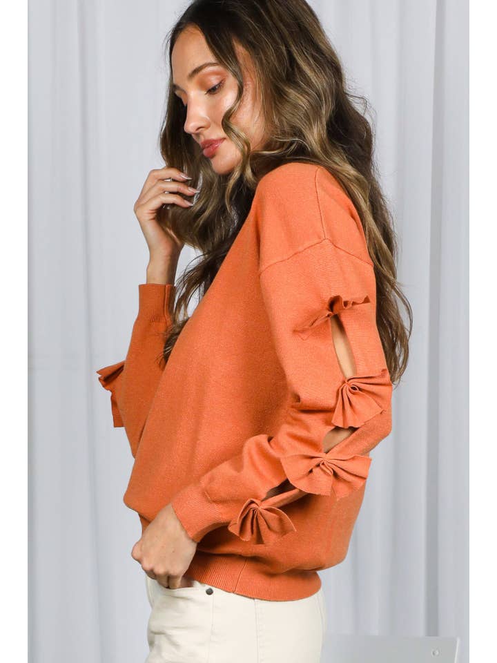 Vine & Love - Wholesale Knit Sweater - Women's - Bow Embellished Long-Sleeve Crew Neck Knit Sweater VT82605-19