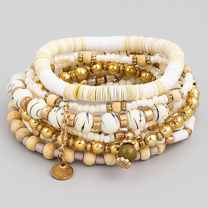 Multi Disc Stone Bead Stretch Bracelet Set for wholesale by The Looks by Fame Accessories