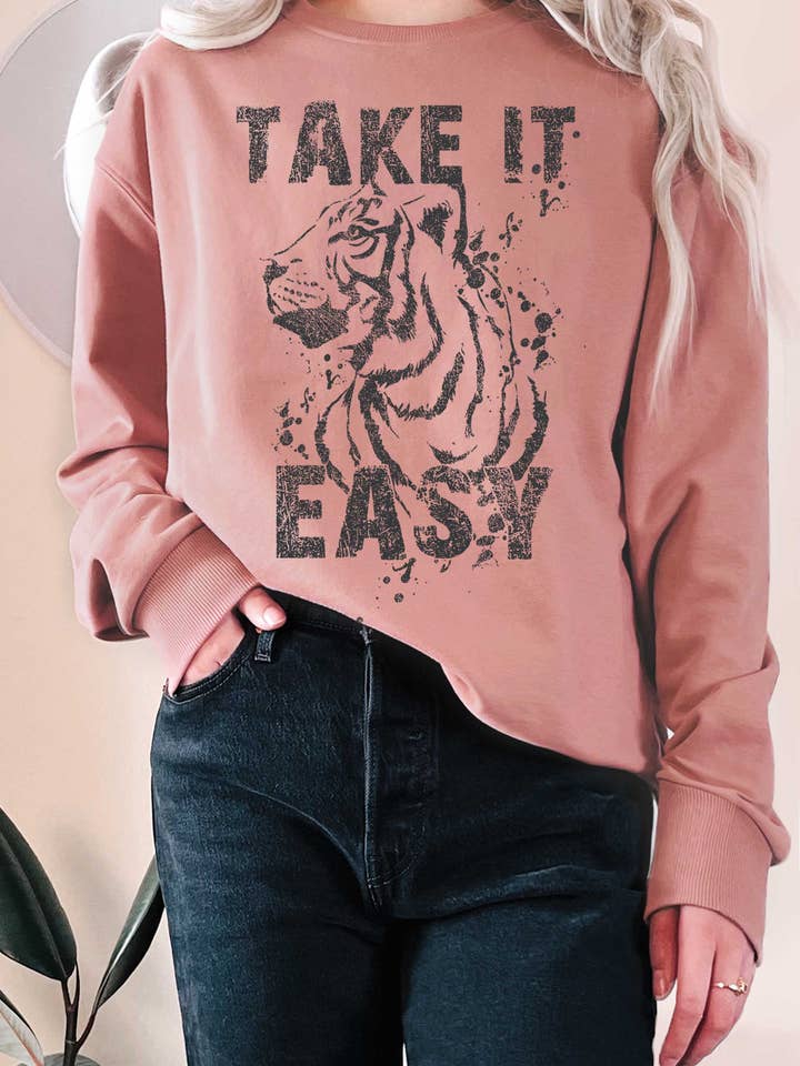 TAKE IT EASY TIGER GRAPHIC TERRY SWEATSHIRTS for wholesale by Rustee Clothing