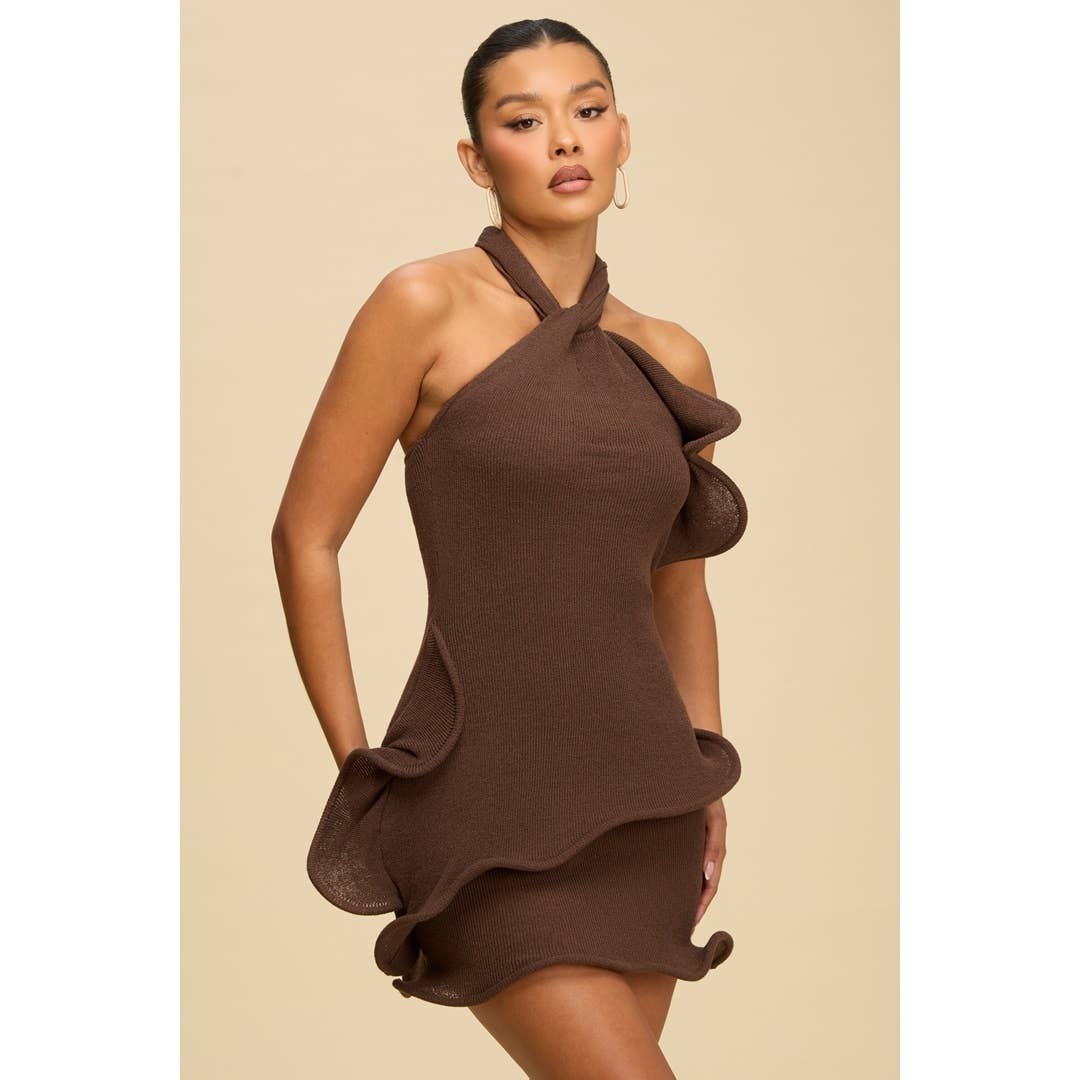 Luxxel - Wholesale Dress - Women's - KNIT RUFFLE HALTER MINI DRESS2