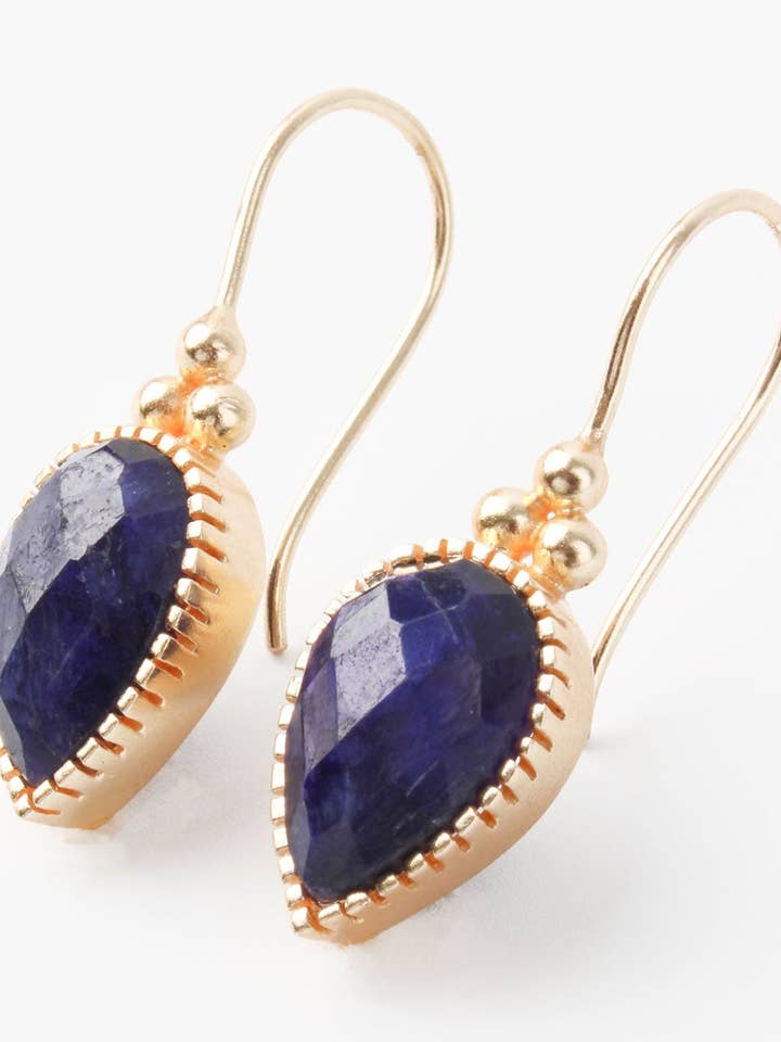 BLUE SAPPHIRE DROP HOOK EARRINGS DOT OUTLINE for wholesale by My Doris