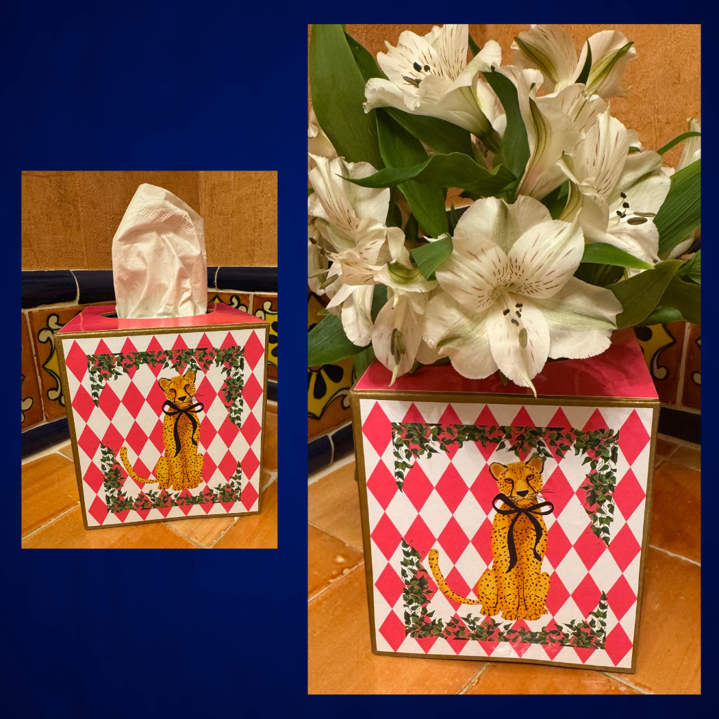 TOPICS IN THE TROPICS - Wholesale Tissue Box - Paper Mache Kleenex Box with leopard w/ blk bow and flowers1