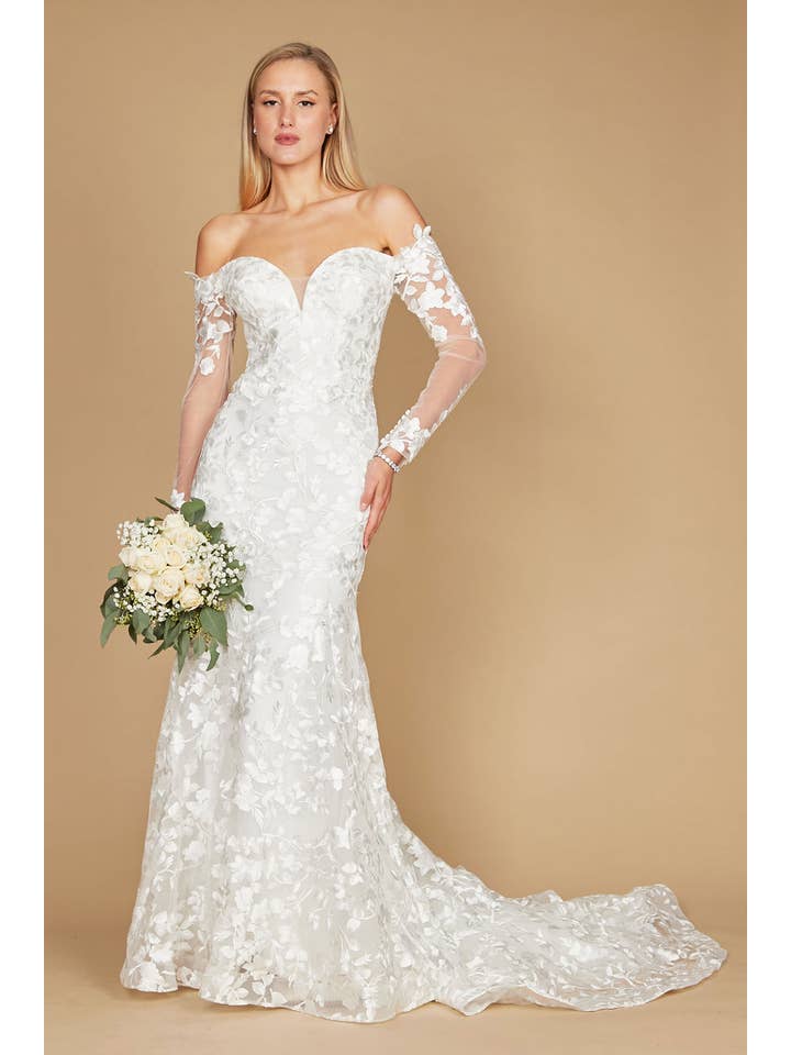 White Lace Long Off Shoulder Mermaid Wedding Dress Wholesale for wholesale on Faire