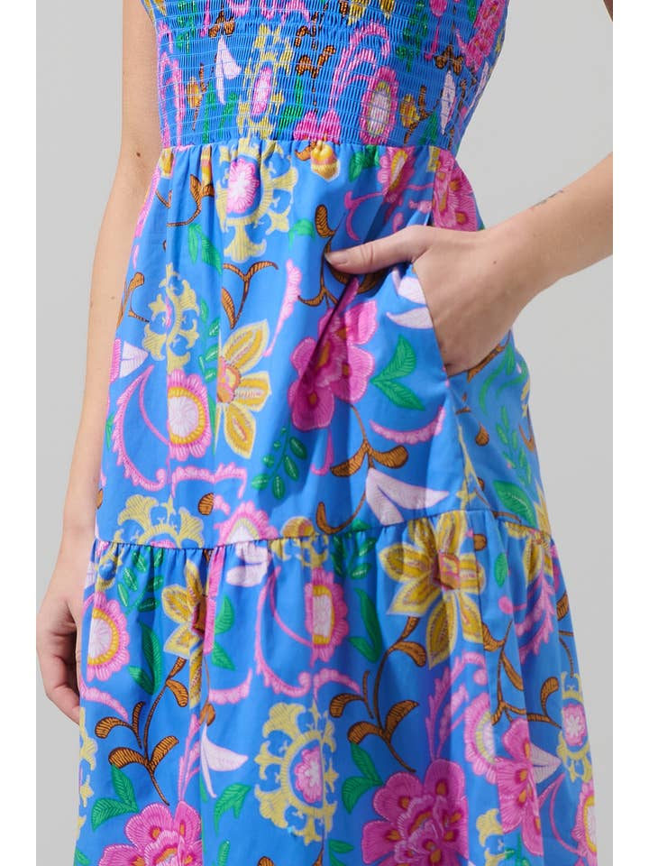 MED BLUE MULTI Faro Floral Sunfire Tiered Midi Dress for wholesale on Faire