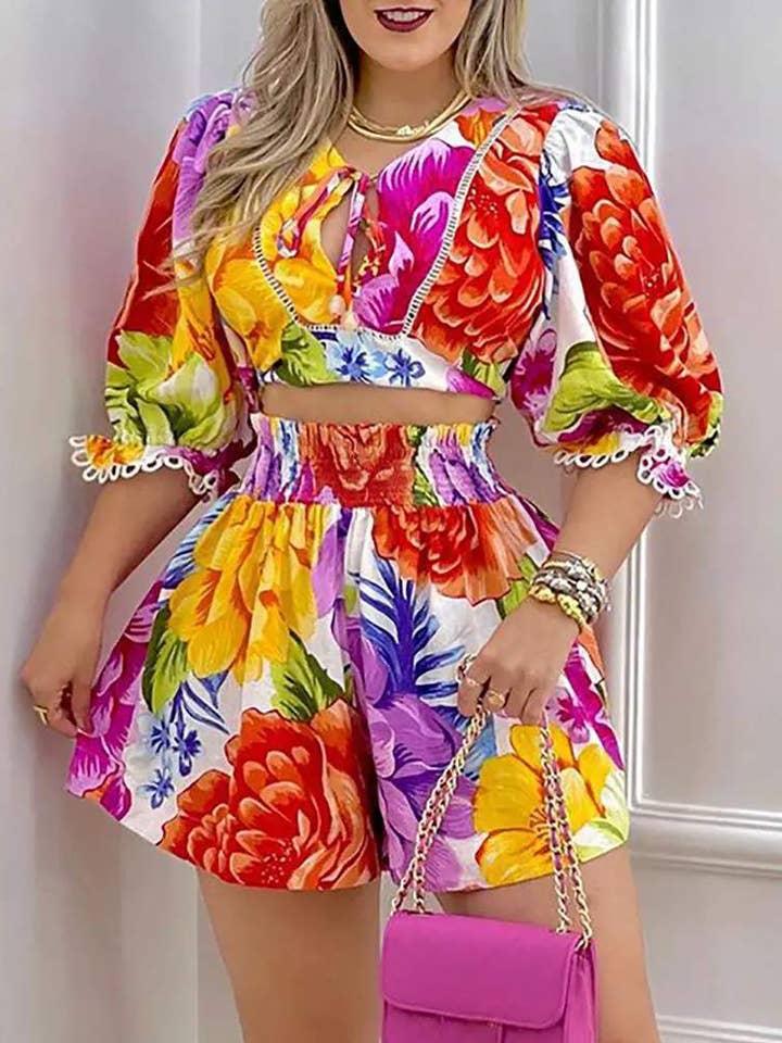 floral print puff sleeve top shorts set for wholesale by Flarix