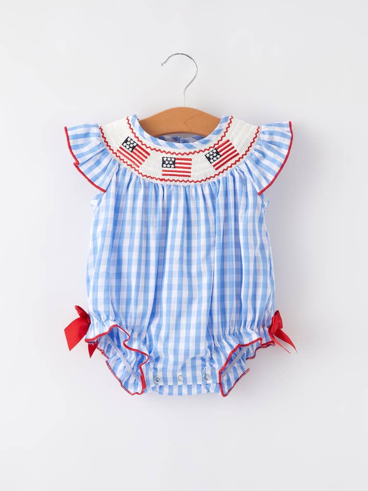 Rylee Faith Designs - Wholesale Bodysuit (Non-Footed) - Baby - 4th of july Flag Embroidery Smocking Girls Romper