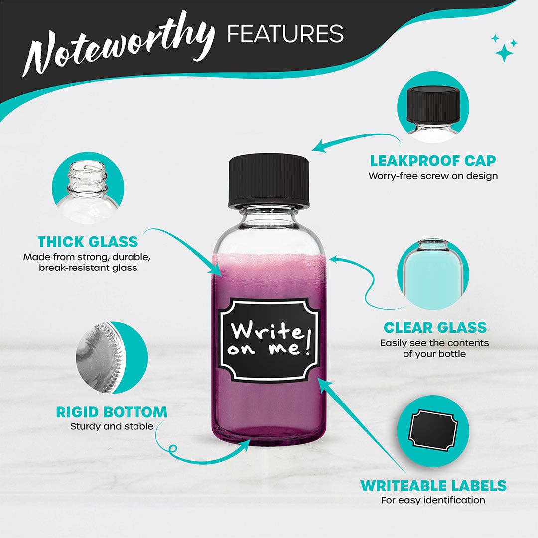 Nevlers - Wholesale Jar - Nevlers 2 oz Boston Round Clear Glass Bottles (Set of 48) | Includes Funnel, Brush, Shrink Wrap, Labels and Marker1