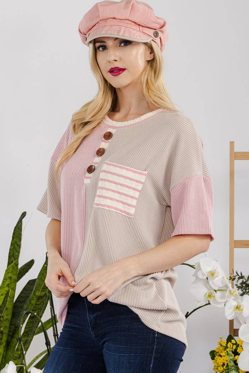 Celeste Clothing - Wholesale Tunic - Women's - URBAN RIB COLOR CONTRAST T-SHIRT WITH POCKET -CT43877A3