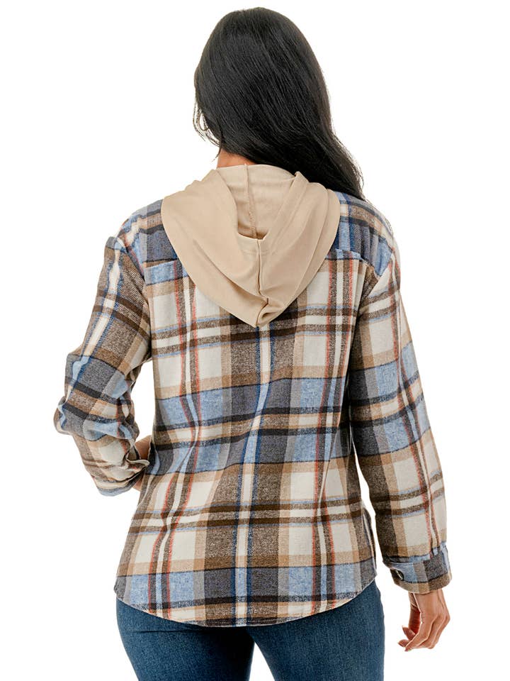 Color 5 - Vente Veste-chemise – femme - Veste en flanelle à carreaux bleu-blanc avec capuche et poches2