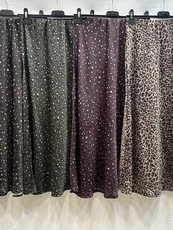 Leopard Satin Skirt @7448_JuLeoSatin for wholesale by Mimi & Gogo
