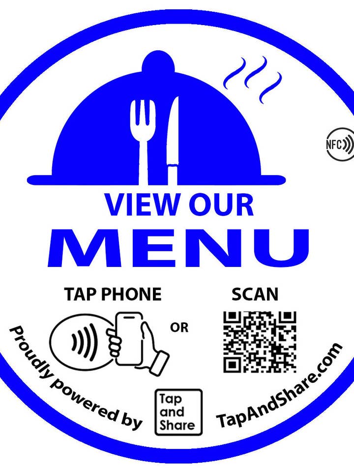 Tap and Share Contactless Sharing Smart NFC 'View our Menu' Epoxy Sticker + QR code for wholesale by Tap and Share
