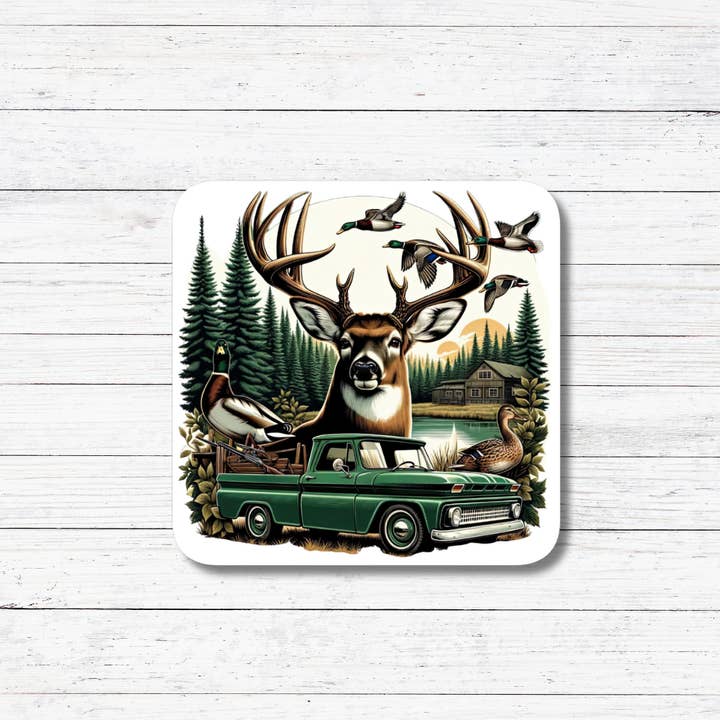 Buck & Green Truck- Hunting & Fishing Sticker/Magnet for wholesale by Oily Graphic Creations