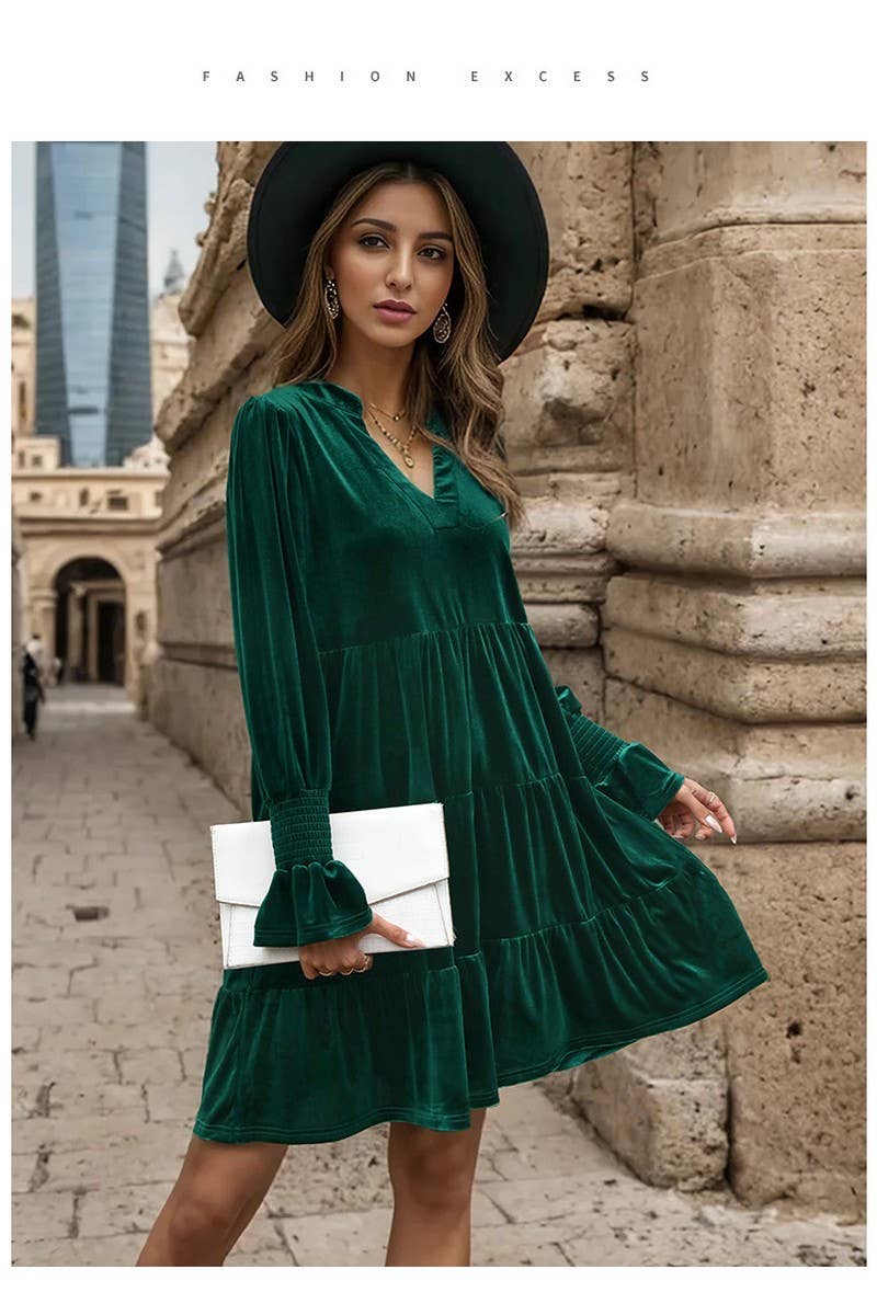NINEXIS - Wholesale Dress - Women's - CWDMD3552_V-NECK LONG-SLEEVED SOLID COLOR VELVET DRESS2