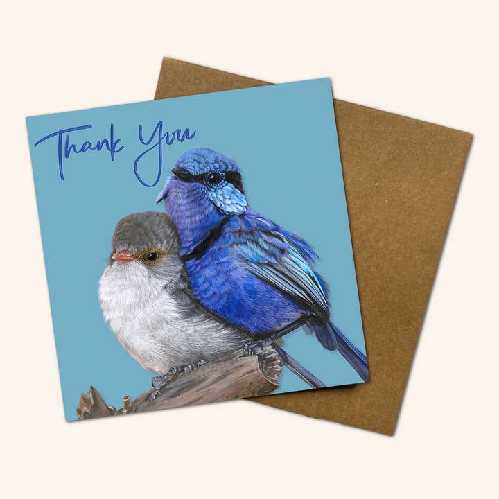 Fred and Ginger Fairy Wren Thank you greeting card for wholesale by Jess Hutchison Art