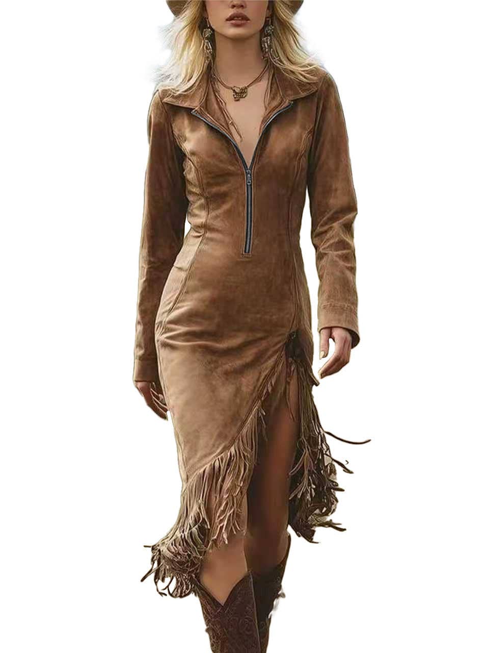SALINA TRADING INC - Wholesale Dress - Women's - Suede Fringe Slim Fit Long Sleeve Dress9