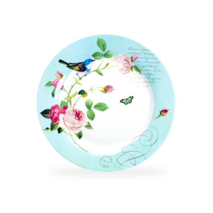 Grace Teaware - Wholesale Dinner Plate - 7.5" Blue Jay Pink Rose Garden Bone China Dessert Plate