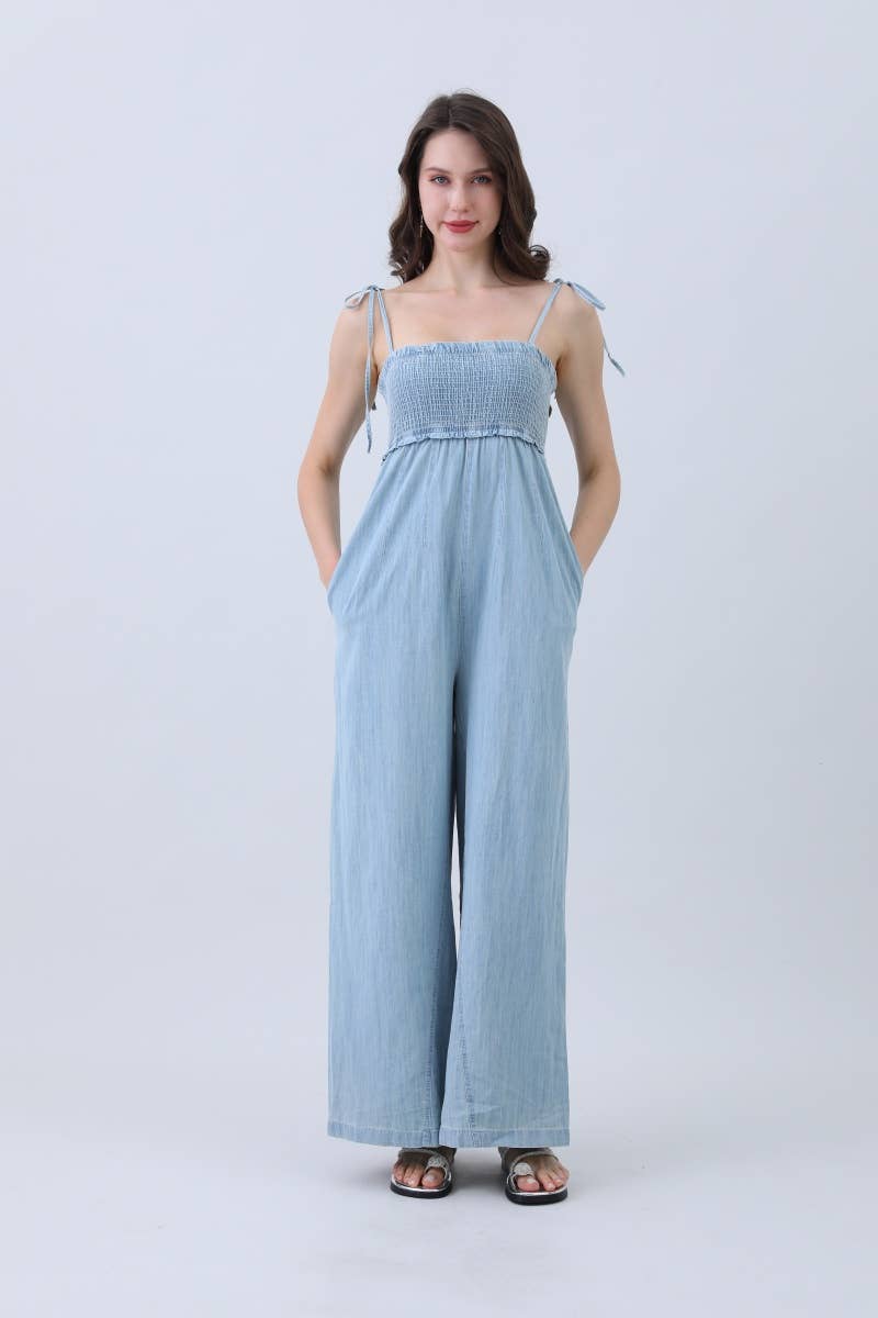 Women’s Light Blue Wide-Leg Denim Jumpsuit – Smocked Bodice for wholesale on Faire0