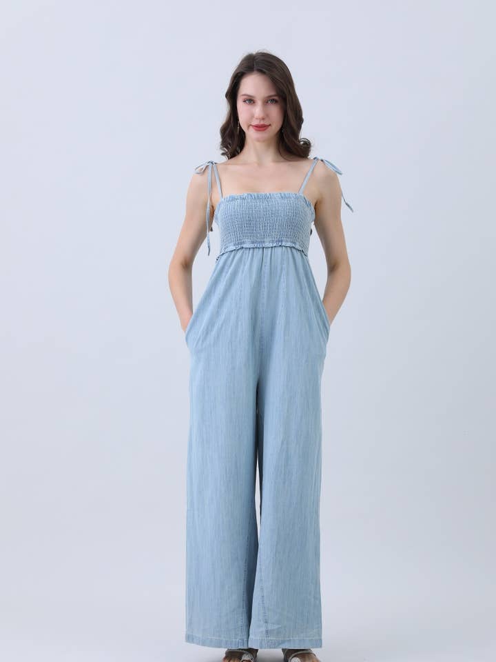 Women’s Light Blue Wide-Leg Denim Jumpsuit – Smocked Bodice for wholesale on Faire0