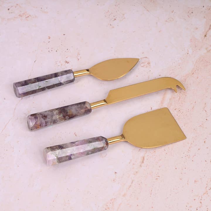 Serein Wellness - Wholesale Cheese Spreader - Amethyst Cheese Knives, Cheese Board Knife Set with Gold PVD