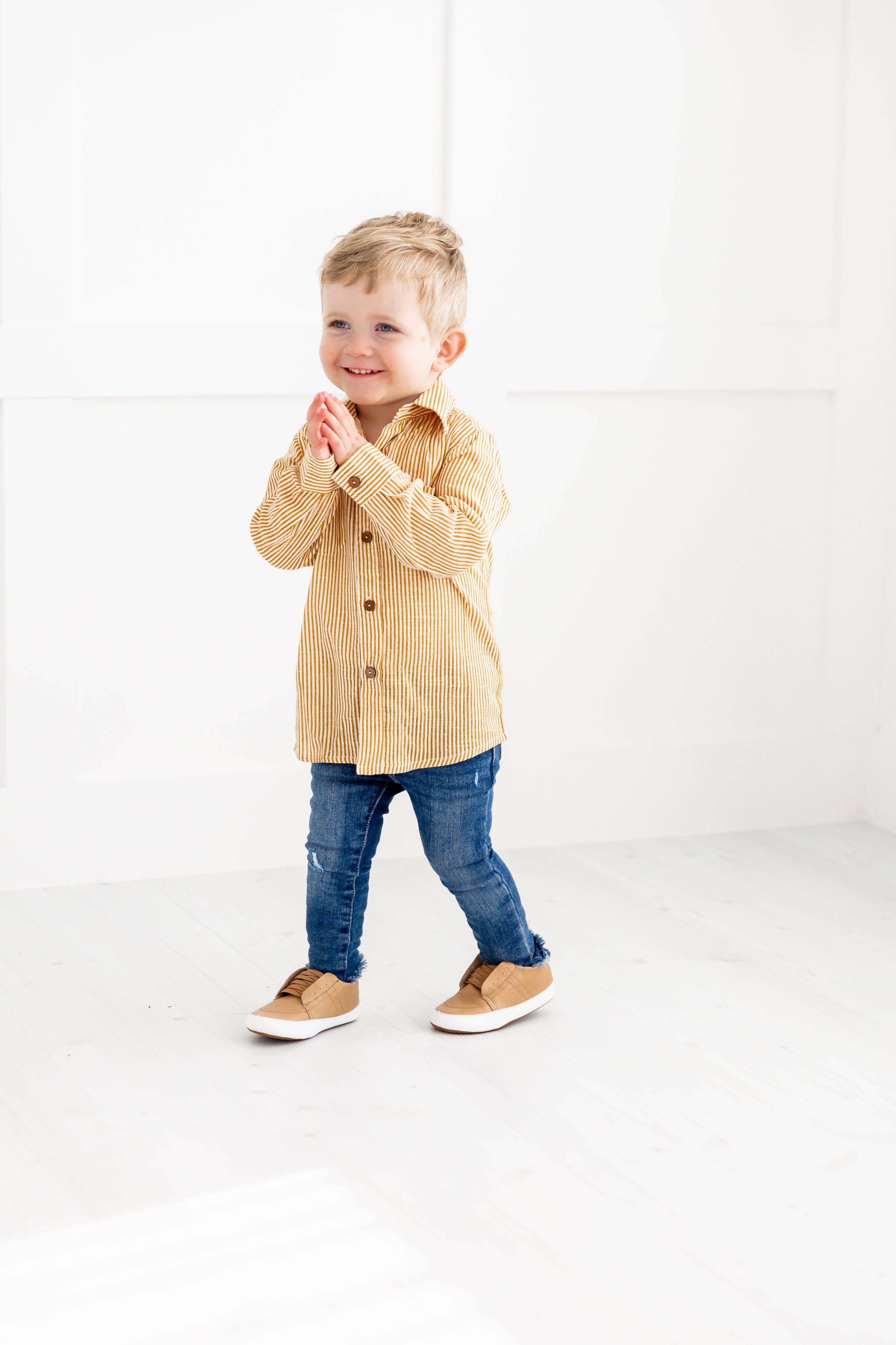 Yo Baby - Wholesale Button Down Shirt - Kids - Mustard Stripes Printed Boys Shirts4