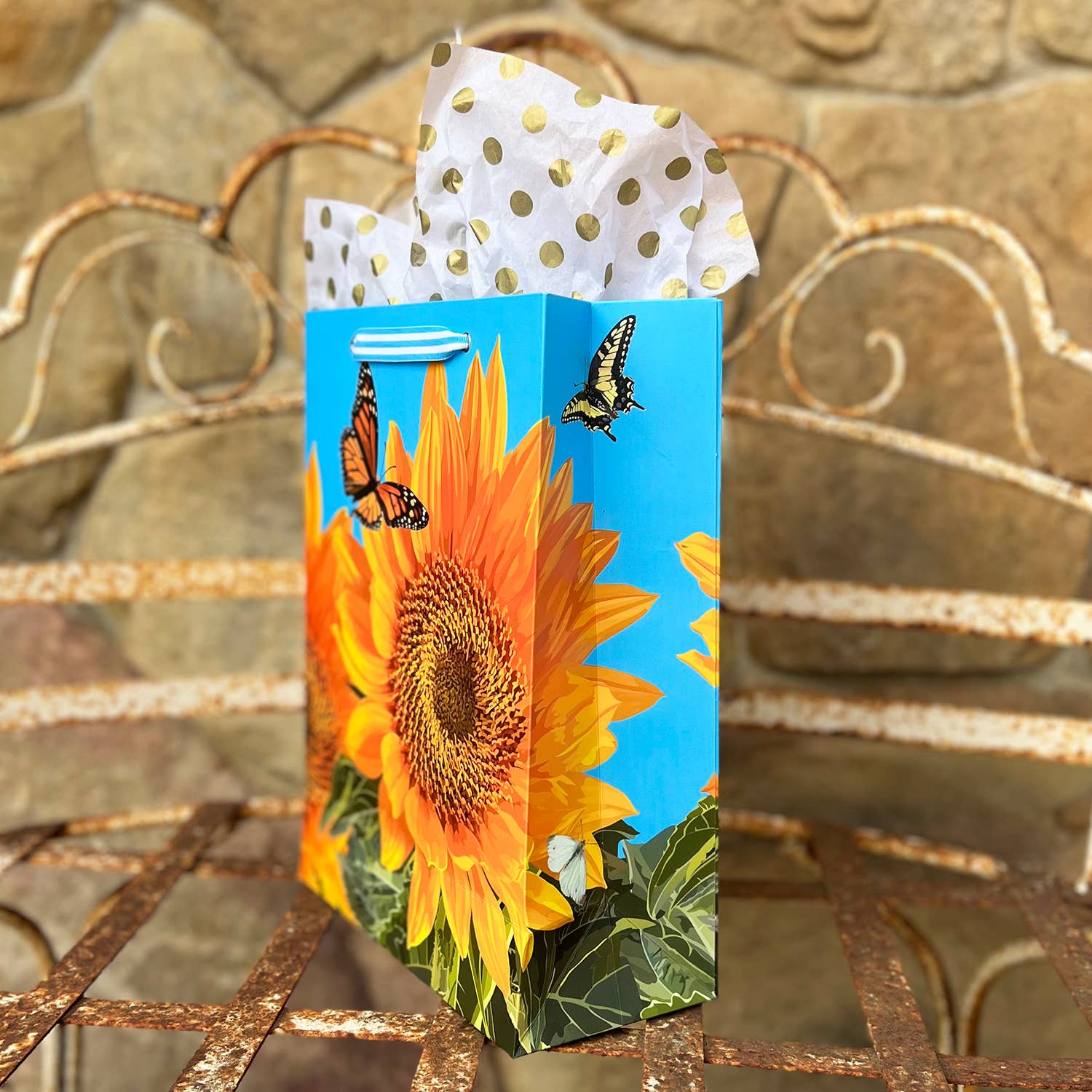 The Red Barn Press - Wholesale Gift Bag - LARGE Floral Gift Bag | Sunflowers and Butterflies on Blue2