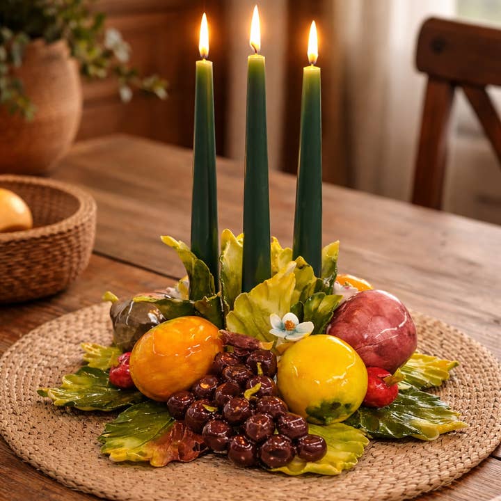 Italian Ceramic Mixed Fruit Candle Holder 25cm per la vendita all'ingrosso da parte di LUEM ART ceramiche e porcellane di Capodimonte Made In Italy