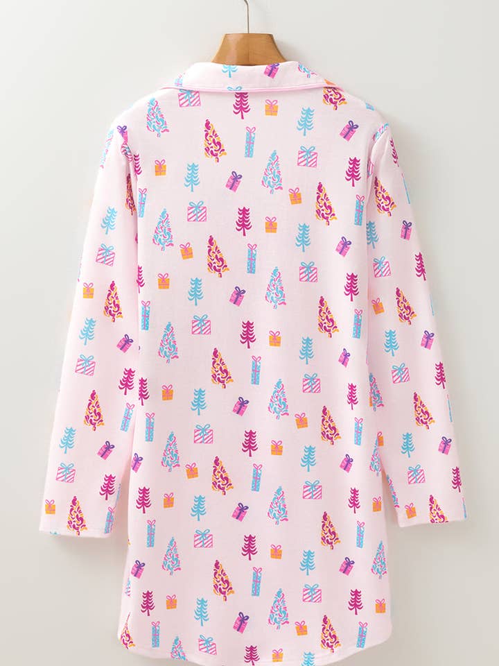 Pink FB Christmas Tree Buttoned Shirt Sleep Dress for wholesale on Faire1