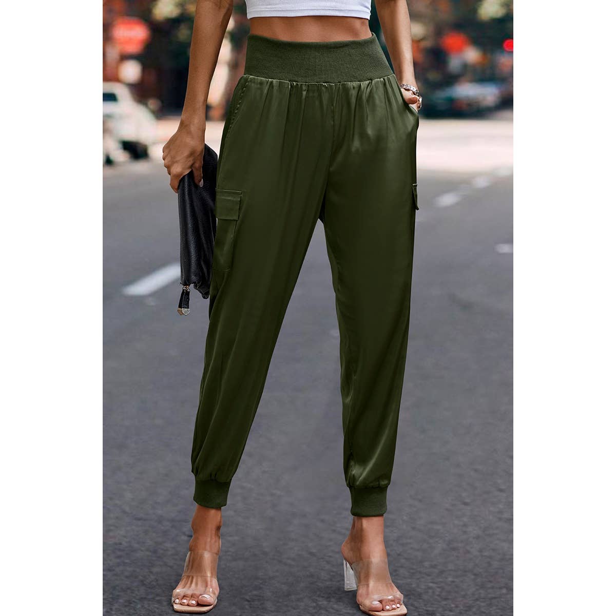 Supreme Fashion – wholesale Joggingbyxor - Dam – Högmidjade långa byxor med ficka satin joggerbyxor25