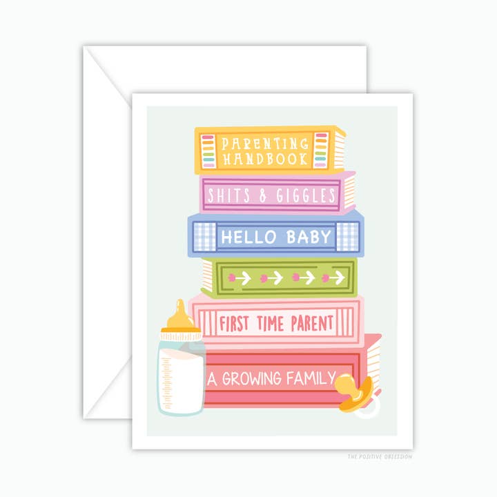 Book Stack Baby Shower Greeting Card, New Baby Card Gift for wholesale by Purple Ink Paperie