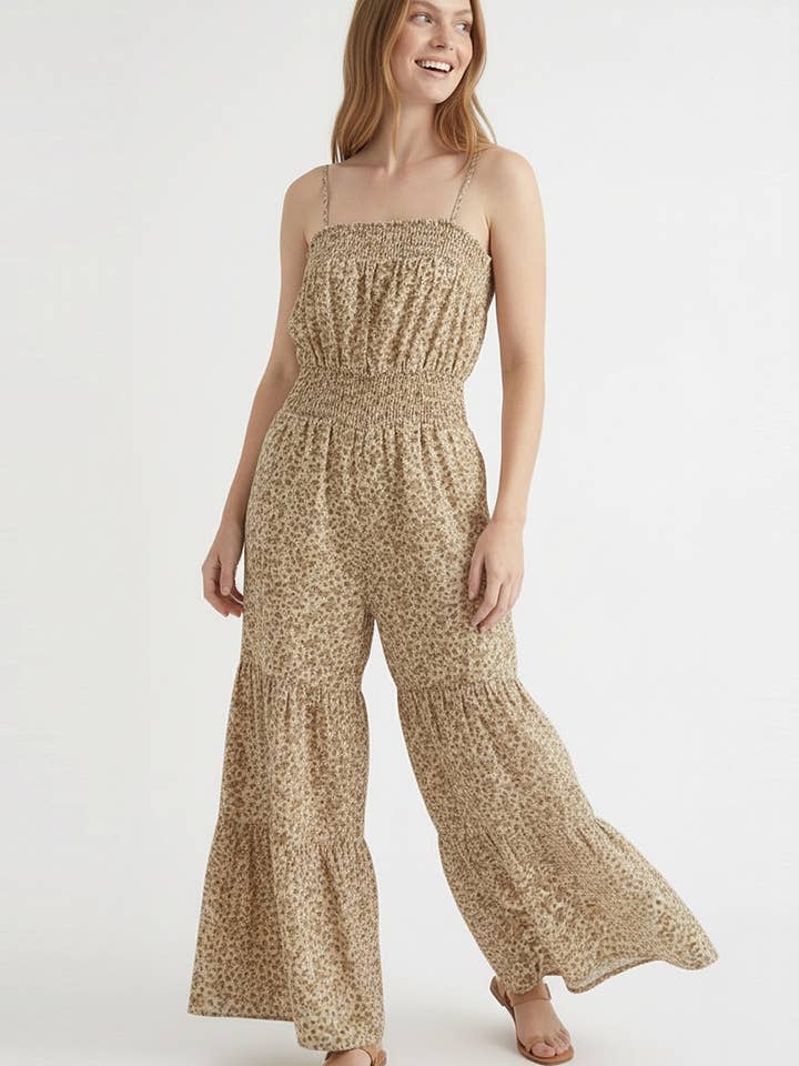 SMOCKED BUST STRAP TIERED PANTS OVERALL for wholesale by Kori America