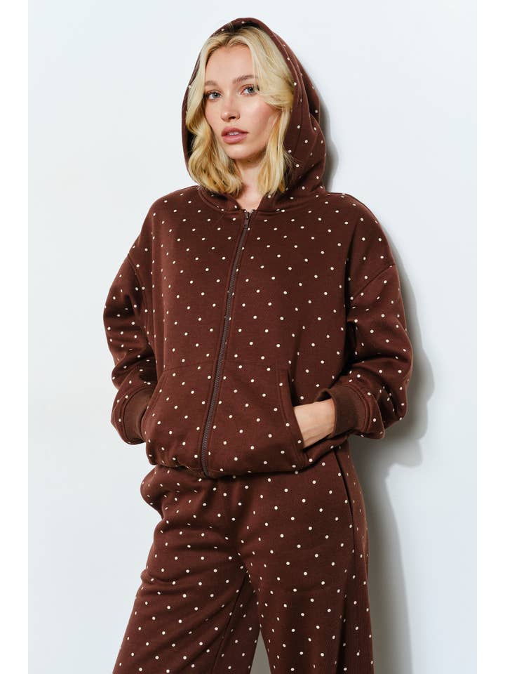 Brown BAMBI POLKADOT ZIP UP HOODIE - Cozy, Lounge for wholesale on Faire