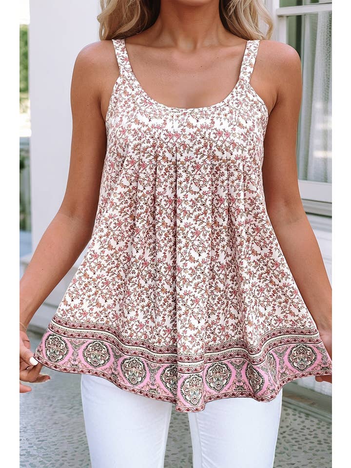 Pink LDC Bohemian Floral Pleated U Neck Vest for wholesale on Faire