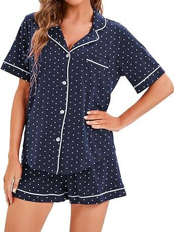 GEXWORLDWIDE - Wholesale Sleepwear Set - Women's - Women's 100% Cotton Pajamas Short Sleeve Wave point