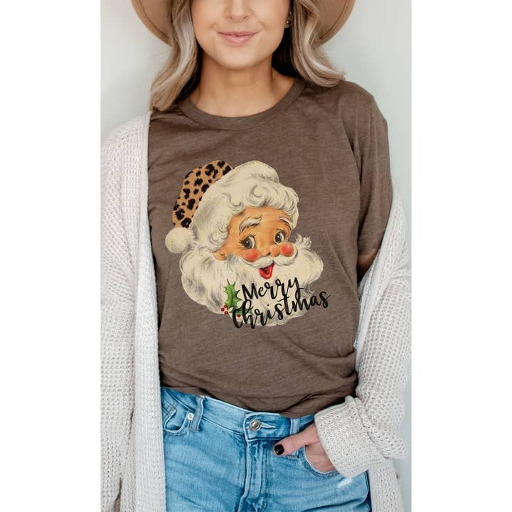 Merry Christmas Vintage Leopard Santa Graphic Tee for wholesale by Kissed Apparel