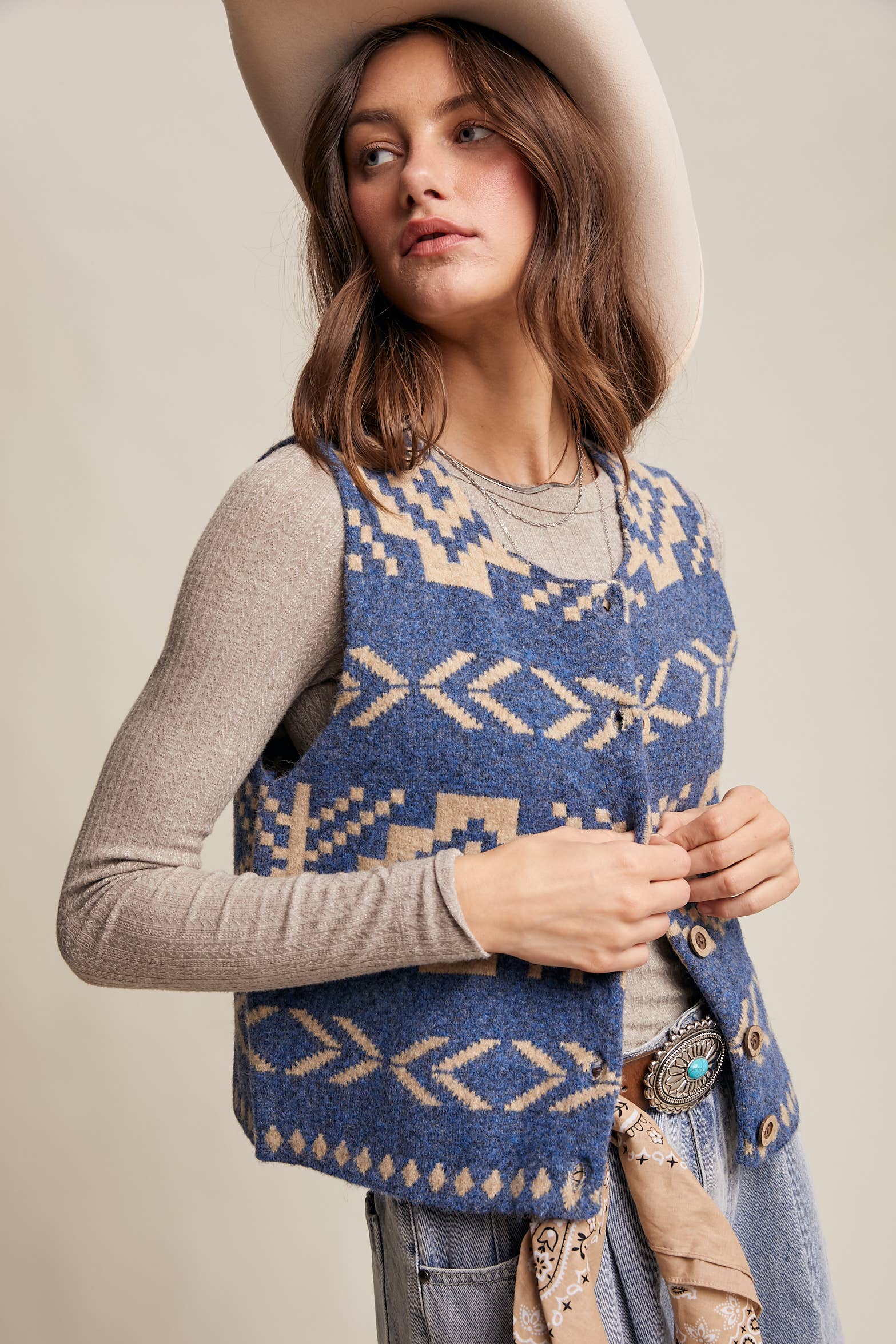 Listicle - Wholesale Sweater Vest - Women's - Southwestern Button-Up Vest LSW09775