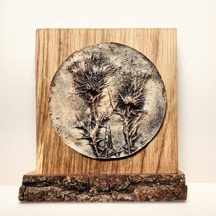 Wildflower Designs - Wholesale Plaque - Metallic Hand Cast Real Scottish Thistle Plaque, Solid Oak