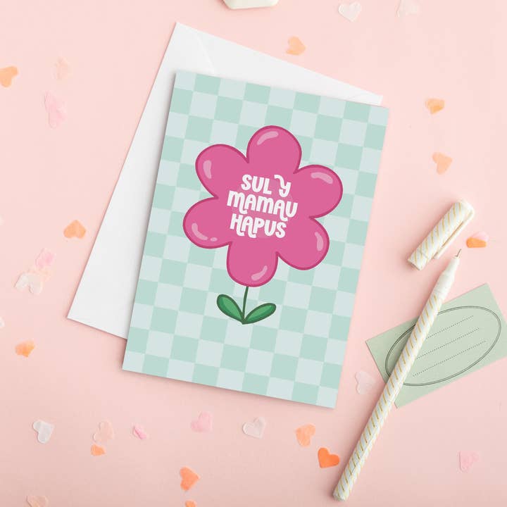 Welshe Moederdagkaart 'Sul y Mamau Hapus' roze bloem voor wholesale door Draenog