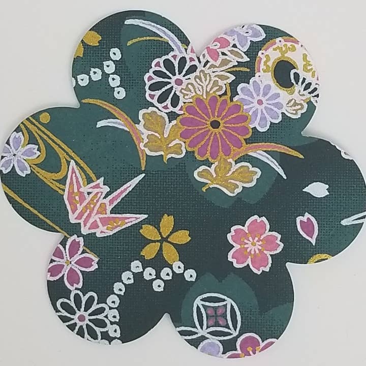 081 Grue multi-florale et origami sur Chiyogami vert marin pour la vente par Sweet Space Studio