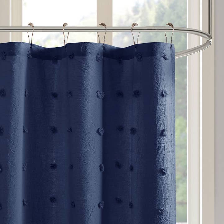 Olliix - Wholesale Shower Curtain - Cotton Jacquard Pom-Pom Shower Curtain, Navy Blue