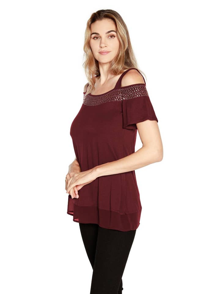 Belldini - Wholesale Blouse - Women's - Women's Cold Shoulder Tunic with Studs and Sequins29