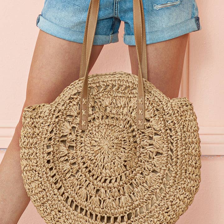 Camel Mavis Bohemian Straw Woven Round Bag for wholesale on Faire