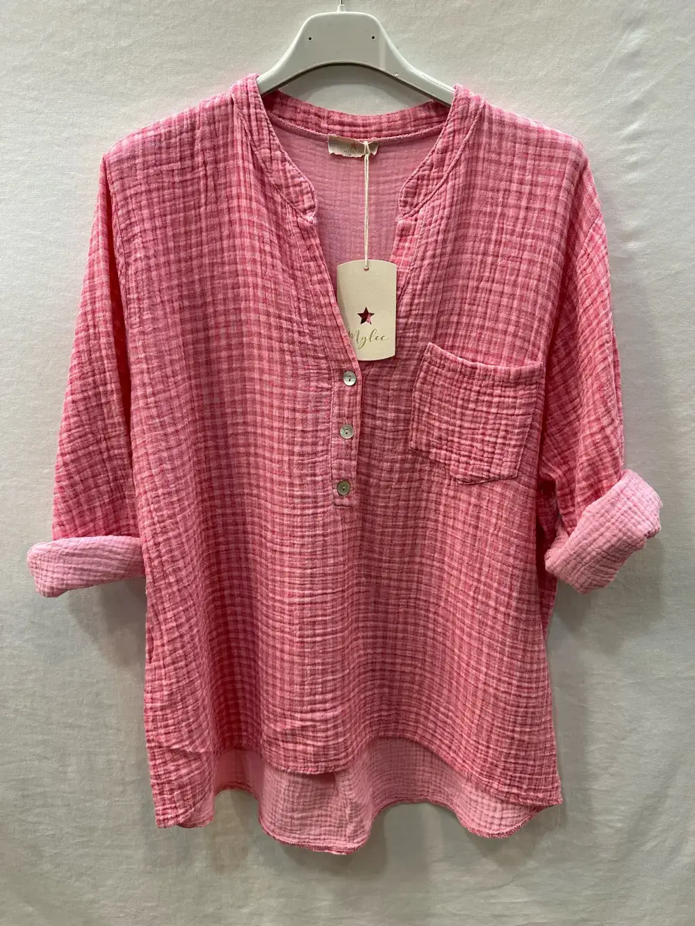 Mimi & Gogo – Großhandel Bluse – Damen – Vichy-Baumwoll-Gauze-Bluse mit tunesischem Kragen von Mimi & Gogo13